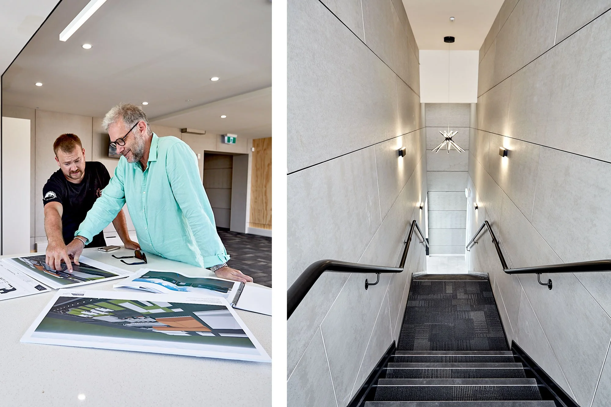 Team reviewing plans in finished office and internal stairwell with wall sconces